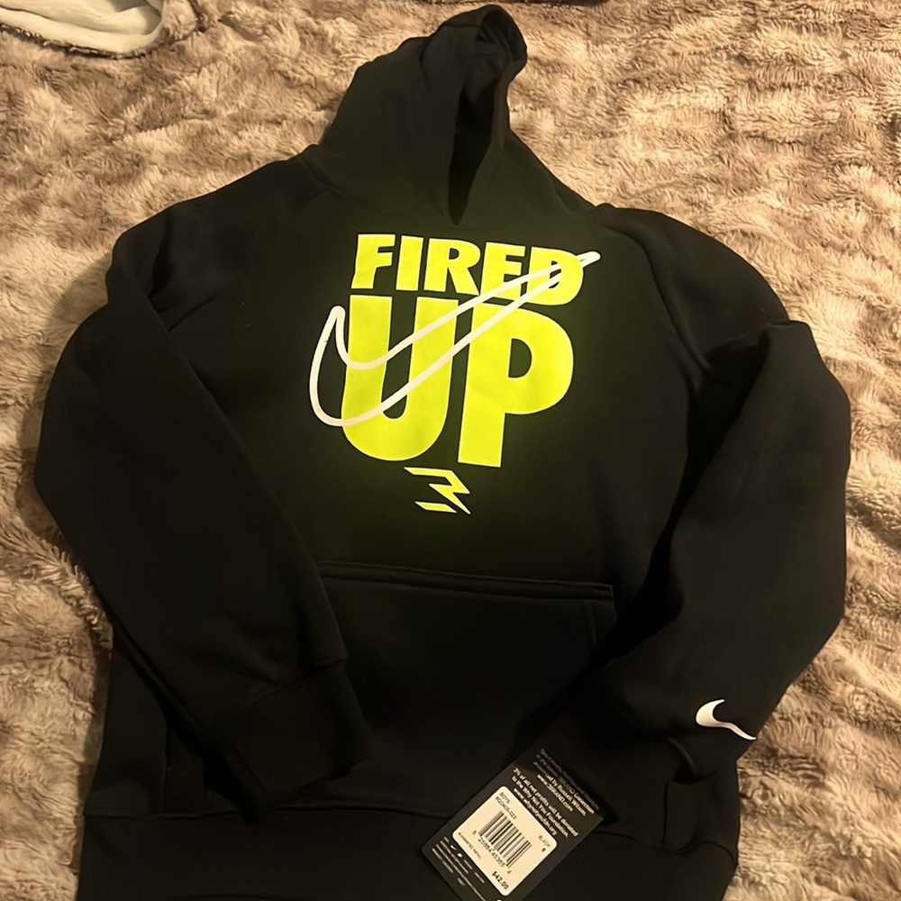 Kids Black Nike hoodie “fired up” neon green